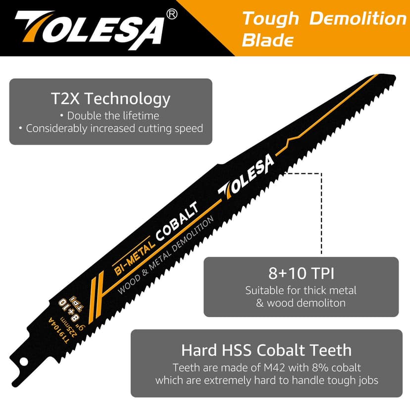 TOLESA Metal Wood Demolition Reciprocating Saw Blades 9 Inch 8+10TPI Sawzall Blades for Steel Pipe Cutting, Drywall, Chipboard, Glass Fiber-Reinforce Plastic and Composite Materials Demolition 5 Pack