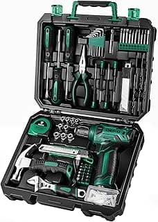 Tool Kit: 8V Cordless Drill, Home Toolbox with storage case, Hand Tool set for Home Repairs 126 Piece, Green