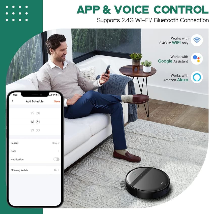 Robot Vacuum and Mop Combo - WiFi/Alexa/App, Robotic Vacuum Cleaner, Ultra-Slim & Quiet, Tangle-Free, Auto Recharge, Multi-Surface Cleaning, Cleans Carpets, Hard Floors & Pet Hair Efficiently