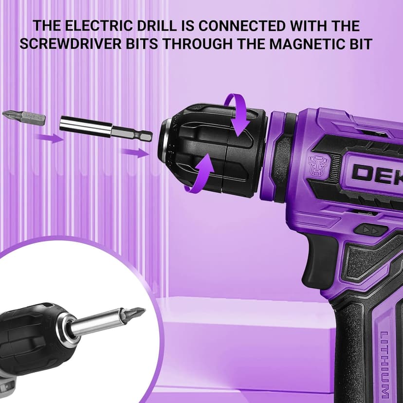 Cordless Drill：DEKOPRO 12V Power Drill Set 800RPM Electric Drills Small Drills with 3/8-inch Keyless Chuck and Portable Tool Set Gift Box (Purple)