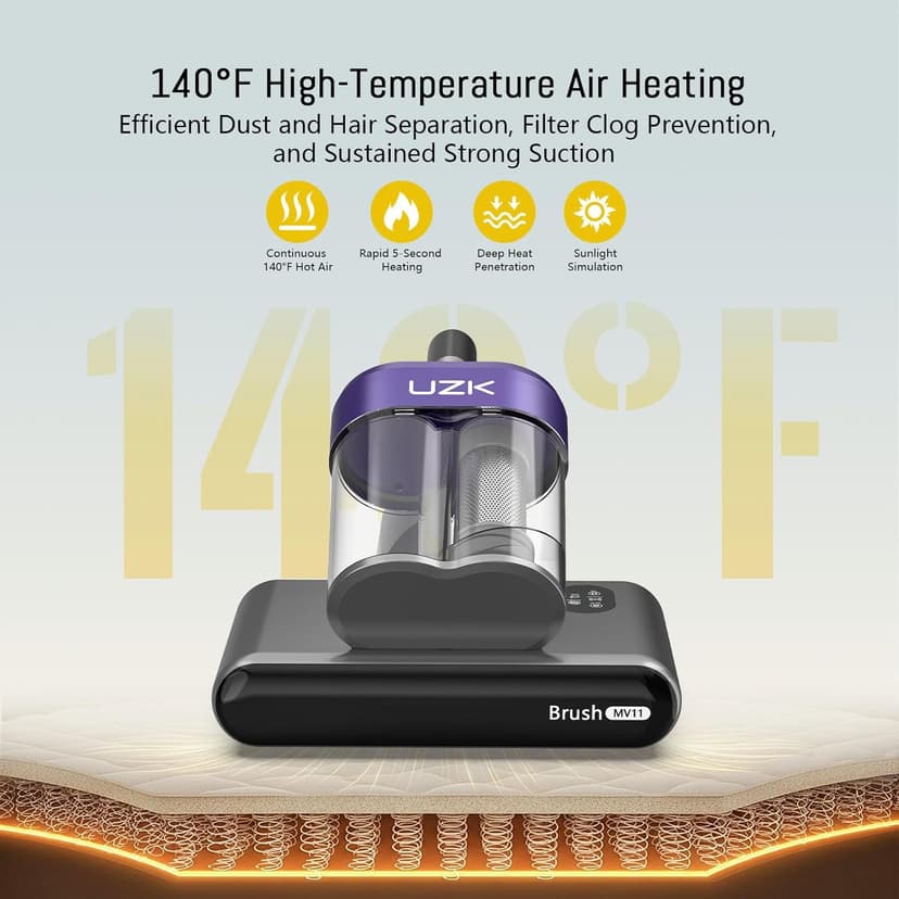 Bed Vacuum Cleaner Mattress Vacuum Cleaner,16Kpa Powerful Handheld Vacuums with UV-C Light & Double Dust Cup & High Heating & Ultrasonic & Anion for Bed Sofa (MV11,Black)