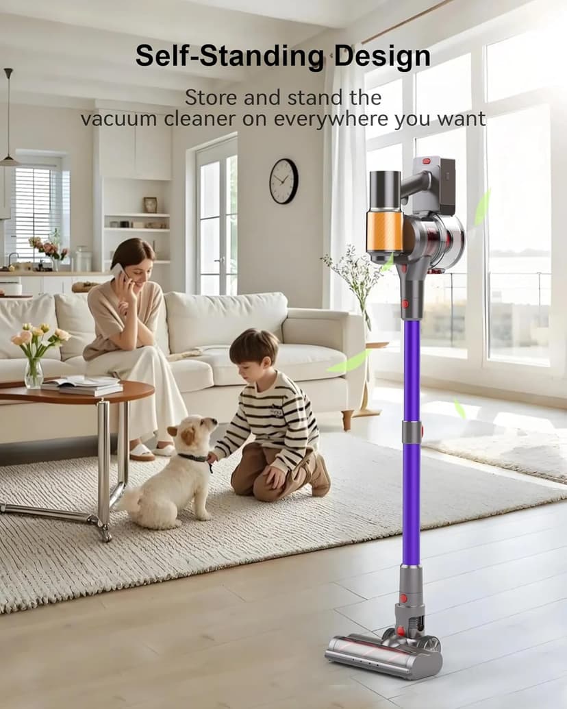 Cordless Vacuum Cleaner, 2 Batteries 120 Mins Runtime, 550W 45KPA Stick Vacuum with Self-Standing, Tangle-Free Brush, LED Display, Vacuum Cleaner for Home Hardwood Floor, Carpet, Pet Hair