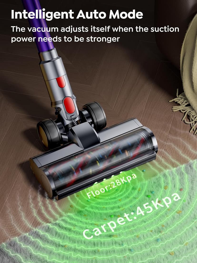 Cordless Vacuum Cleaner, 550W 45KPA 60 Mins Runtime Vacuum Cleaners for Home, Stick Vacuum with Self-Standing, Wall Mount Charging and Intelligent Auto Mode, Handheld Vacuum for Pet Hair/Carpet/Floor
