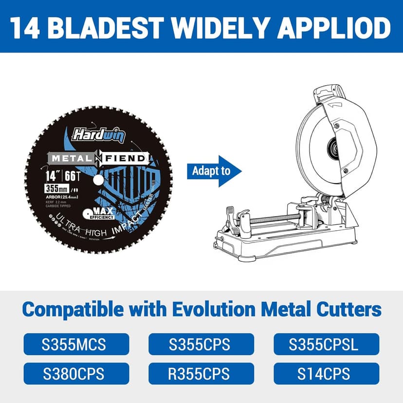 14-Inch Metal Cutting Saw Blade – No Heat, Low Sparks, 66-Tooth Cermet Carbide Tipped, Fits Evolution S14CPS/S15CPS/S355CPS – Thin Kerf for Steel, Angle Iron, Threaded Rod, 1-Inch Arbor