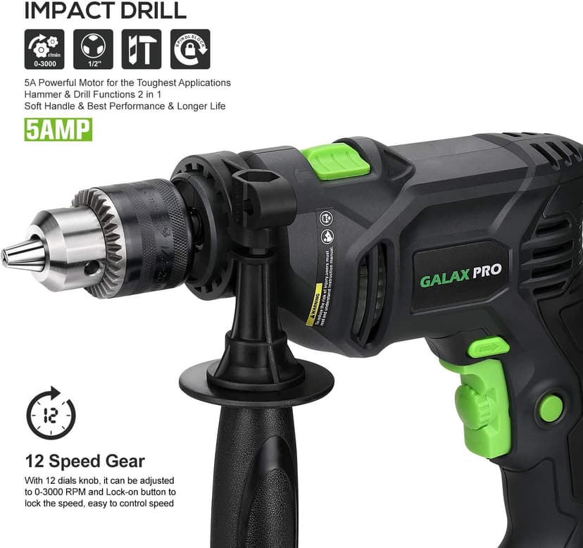 GALAX PRO 5Amp 1/2-inch Hammer Drill with 105pcs Accessories, Variable Speed 0-3000, Hammer and Drill 2 Functions in 1, 360°Rotating Handle, Depth Gauge, Carrying Case Included