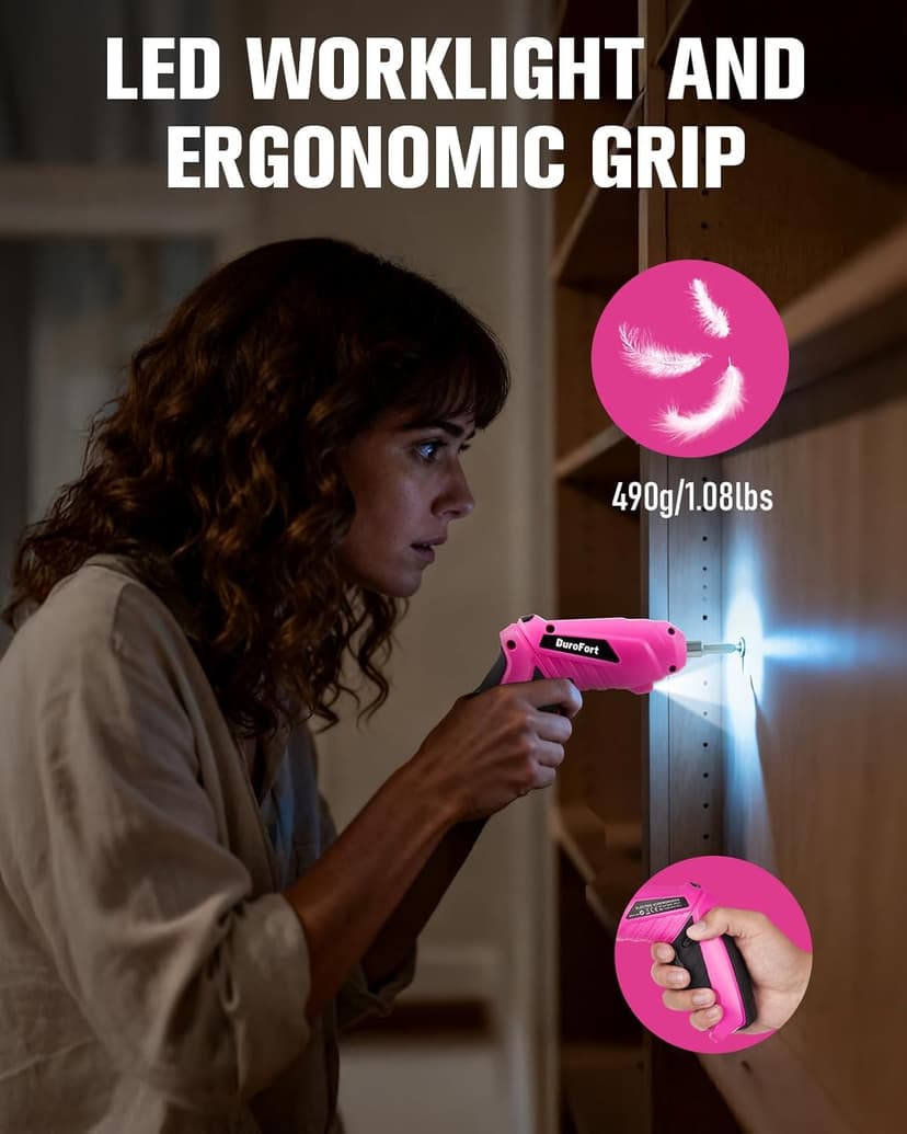 Pink Cordless Electric Screwdriver Set, 3.7V Rechargeable Small Electric Drill with 25pcs Driver Bit Set, Power 3Nm Screw Gun with 2 Position Handle, Flexible Shaft LED Light for Women