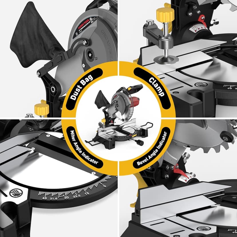10-inch Compound Miter Saw, 5000RPM, 15 Amp, Single Bevel 0-45° with Extension Table, 36T Blade, Power Saw for Metal, Plastic, Wood, Laminates