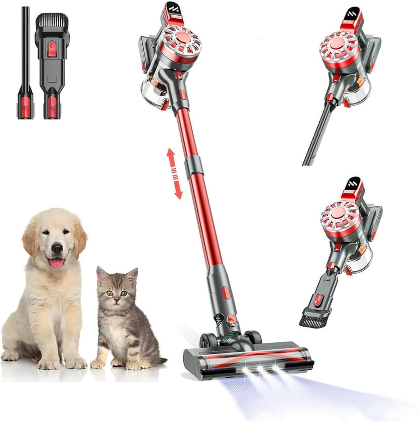 Cordless Vacuum Cleaner for Home with Powerful Suction,Lightweight Stick Vacuum Cordless Rechargeable with 35 Mins Runtime, Hardwood Floor Vacuum for Pet Hair,Carpet,Tile(Red)