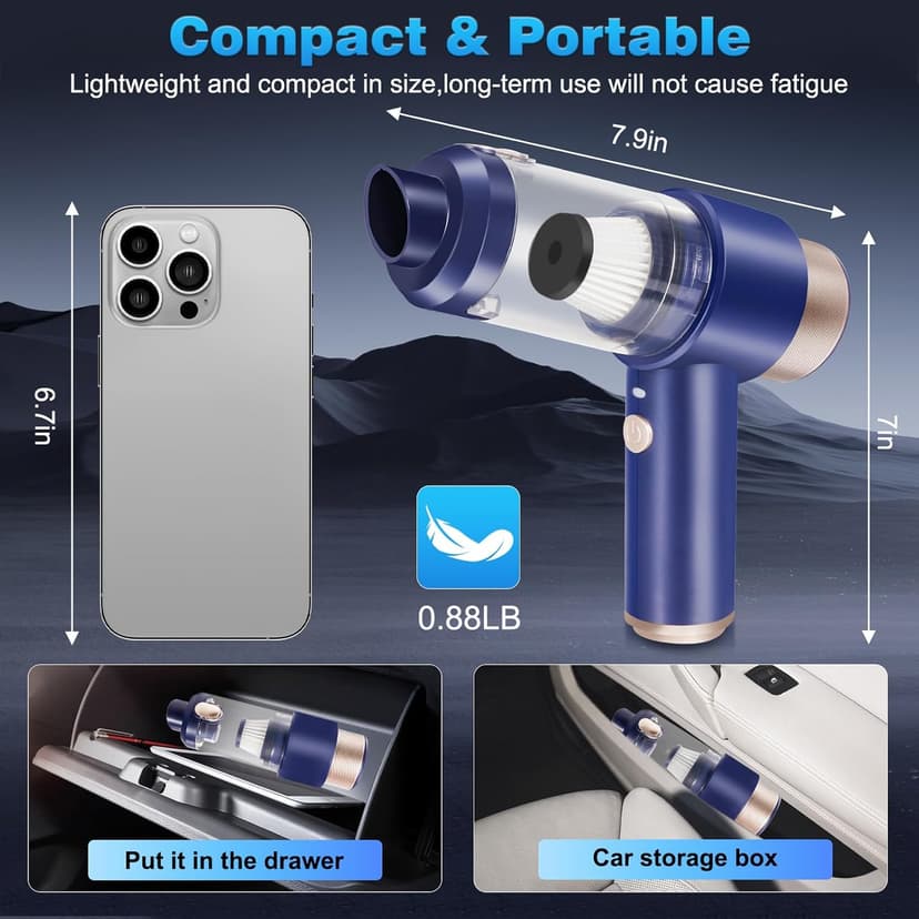 Handheld Car Vacuum Cleaner Rechargeable Mini Vacuum Cleaner with Led 4-in-1 Aspiradora para Carro High Power Hand Held Vacuum Portable Cordless for Car, Home, Pet, Office（Blue）