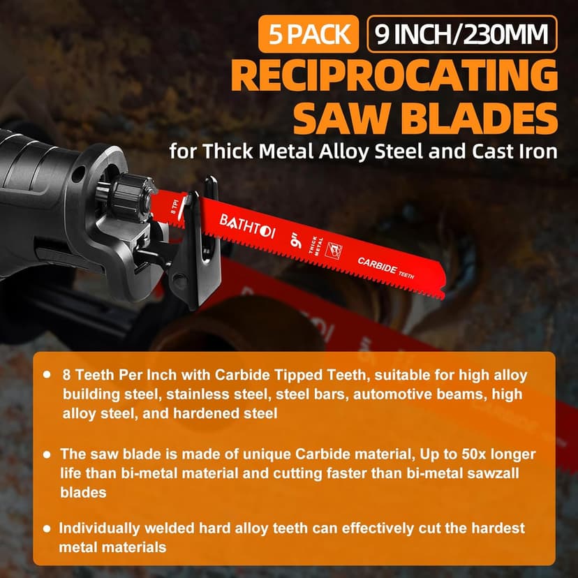 5 Pack 9 Inch 8 Tpi Carbide Reciprocating Saw Blades for Thick Metal Cutting, Cast Iron and Alloy Steel Cutting Sawzall Blades with Carbide Tipped Teeth for Longer Life and Faster Cutting Speed