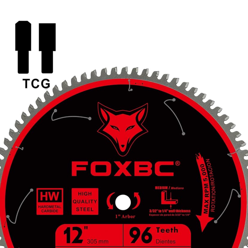 FOXBC 12 Inch Saw Blade 96-Tooth TCG for Aluminum Non-Ferrous Metal & Plastic Cutting with 1-Inch Arbor
