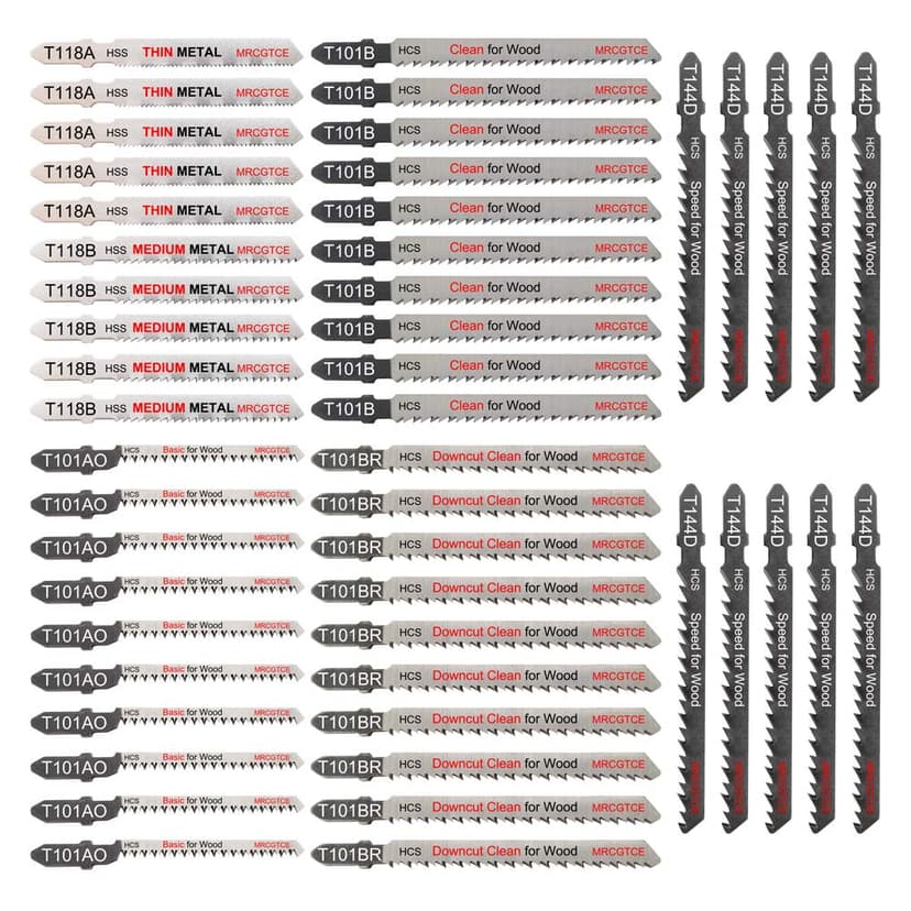 50 Piece Contractor Jigsaw Blades Set with Storage Case, Assorted T-Shank Jig Saw Blades for Wood, Plastic and Metal Cutting(T118A,T118B,T101AO,T101B,T101BR,T144D)