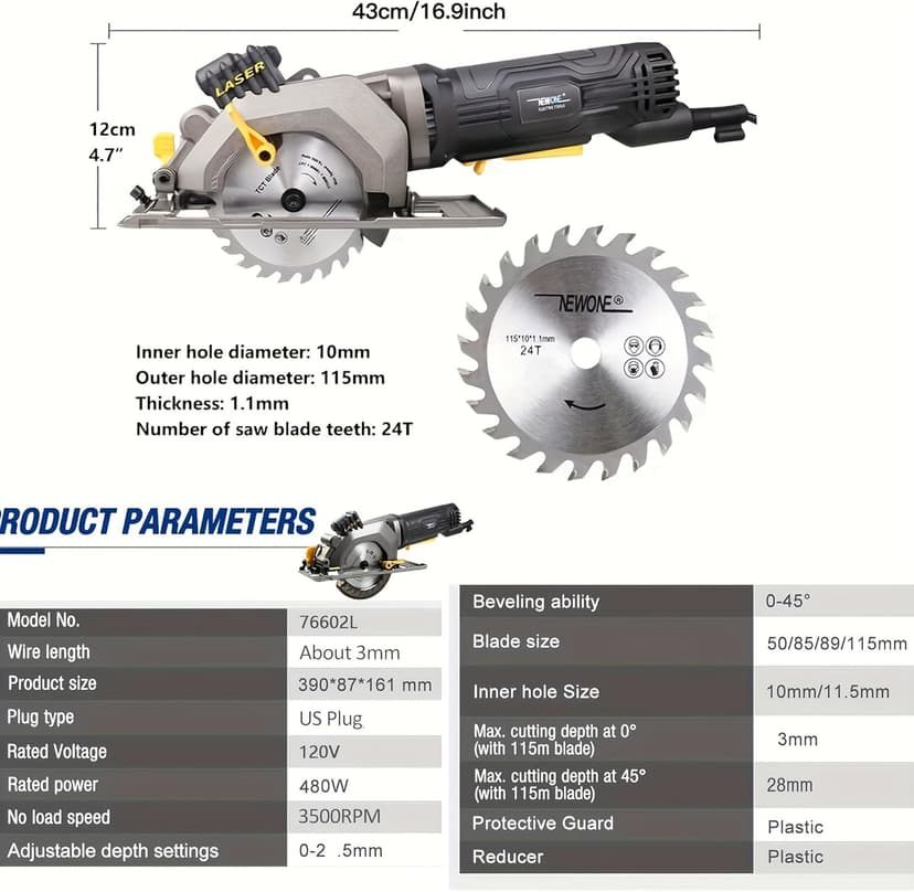 Mini Circular Saw,NEWONE 4.5Amp Electric Circular Saw with 6 Saw Blades,3500RPM,Max Cutting Depth 1-11/16"(90°), 1-1/8"(45°),Circular Saw With Laser for Wood, Soft Metal, Tile and Plastic Cuts