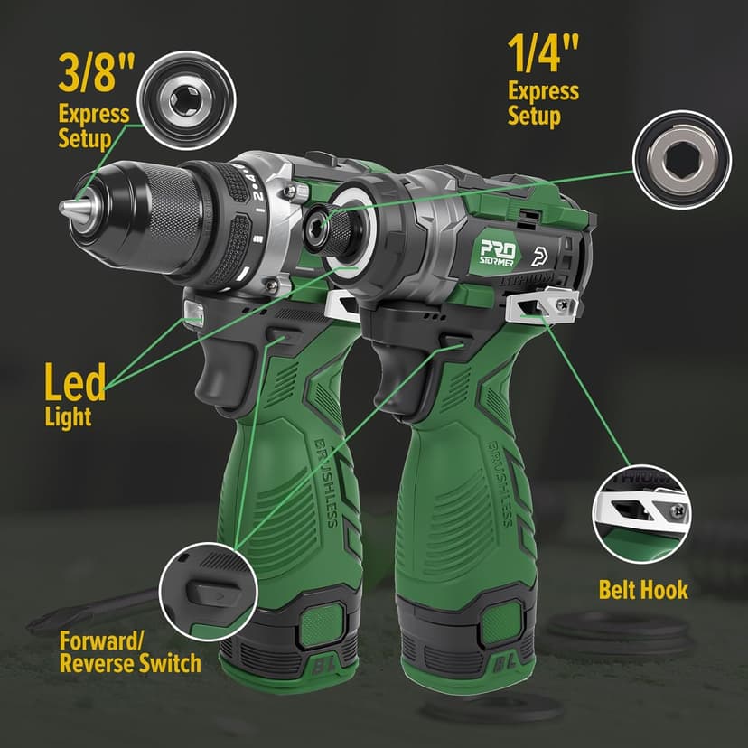 Prostormer Cordless Drill and Impact Driver Set, 17V Brushless Power Tool Kit Included 3/8” Drill & 1/4” Impact Driver with 2 Batteries, Charger, 23pcs Bits and Tool Case