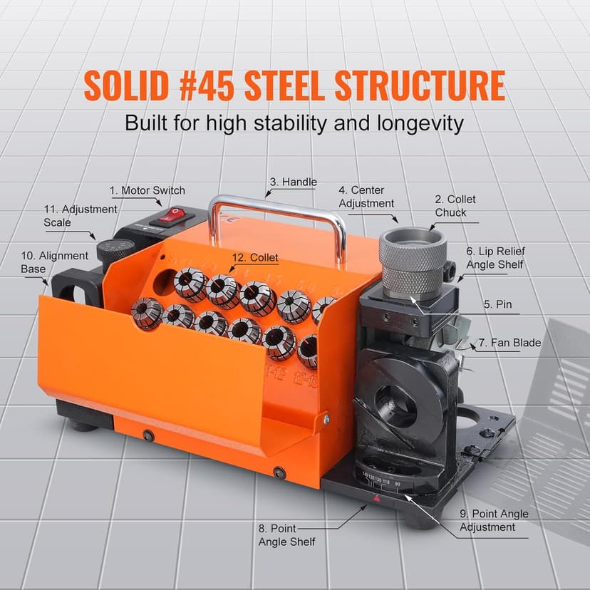 VEVOR Drill Bits Sharpener, 3-13mm Drill Bits Grinder Sharpener, Lip Relief Angle & 95°-135° Point Angle Adjustable Drill Bit Re-Sharpener, Portable Sharpening Machine with 11 Collets, CBN & SDC Wheel