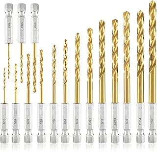 amoolo Hex Shank Drill Bit Set (13Pcs Set+3 Pcs Free), Premium 4341 HSS Titanium Impact Hex Drill Bits for Wood, Steel, Metal, Plastic, Quick Change Design (1/16 -1/4 )