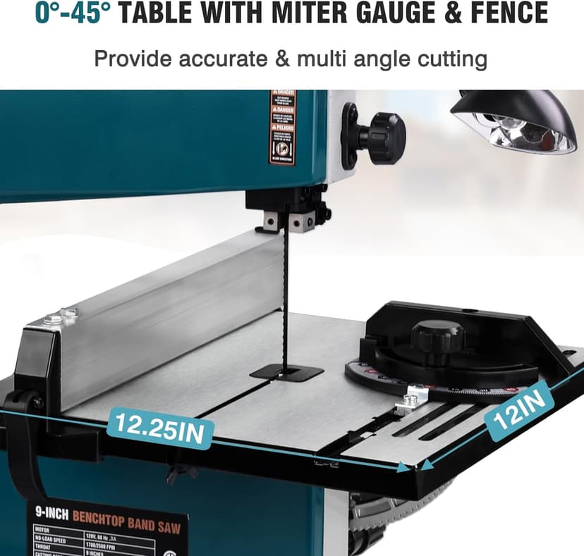 3Amp 9 Inch Benchtop Band Saw, 2-Speed（1700/2500FPM）with 360° Work Light, Miter Gauge & Rip fence, Steel Base, Band Saws for Woodworking