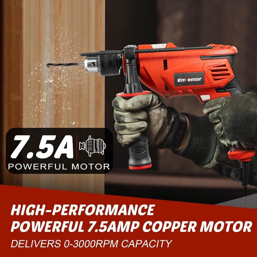 Enventor 7.5 Amp Hammer Drill, 1/2 Inch Electric Drill Hammer, 900W 0-3000RPM Variable Speed, 360° Auxiliary Handle, Lightweight Corded Hammer & Drill 2 in 1 Functions with 9pcs Bit for Metal, Wood