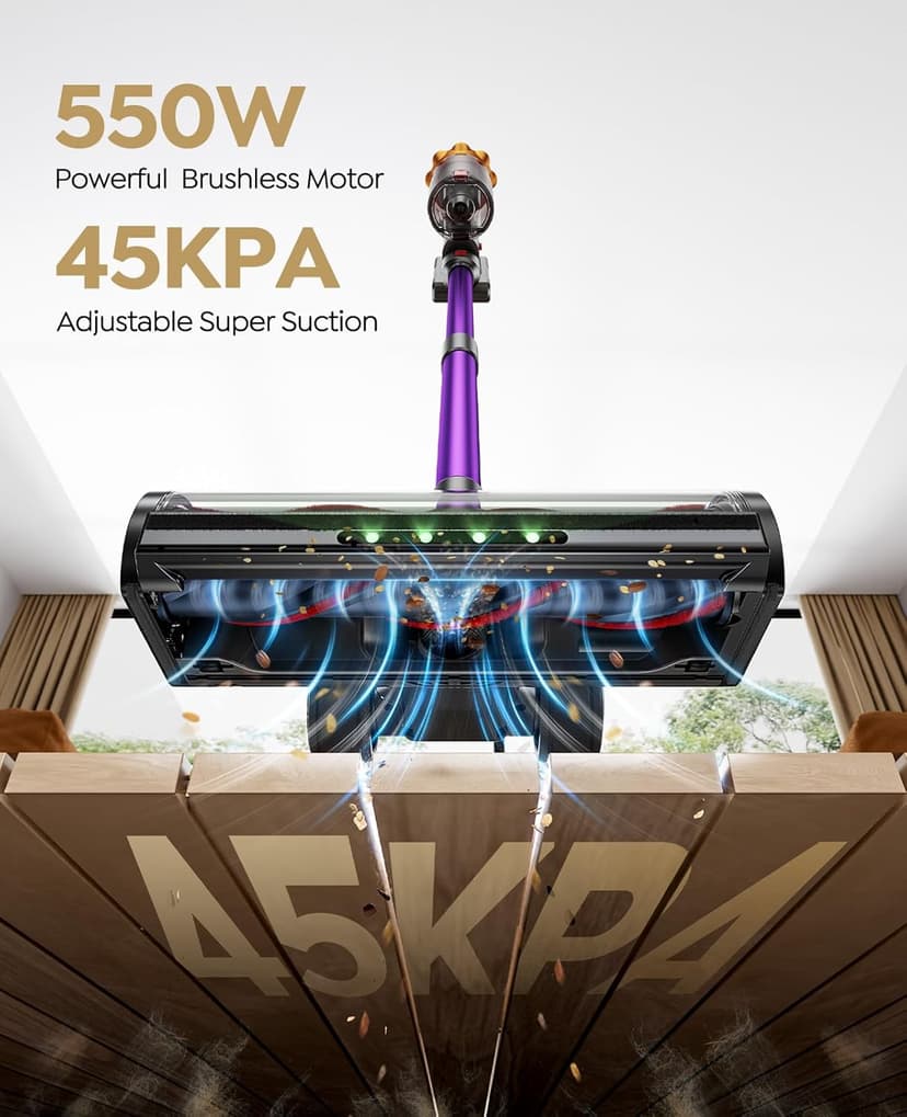 Cordless Vacuum Cleaner, 550W/45KPA/60Mins(ECO Mode) Vacuum Cleaners for Home, Self-Standing Stick Vacuum with Wall Mount Charging and Auto Mode, Handheld Vacuum for Pet Hair/Carpet/Floor