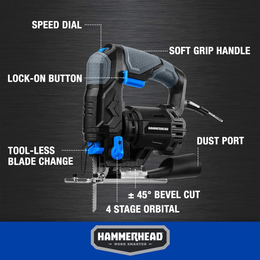 Hammerhead 4.8-Amp 3/4 Inch Jig Saw with 2pcs Wood Cutting Blades, Variable Speed and Orbital Function - HAJS048