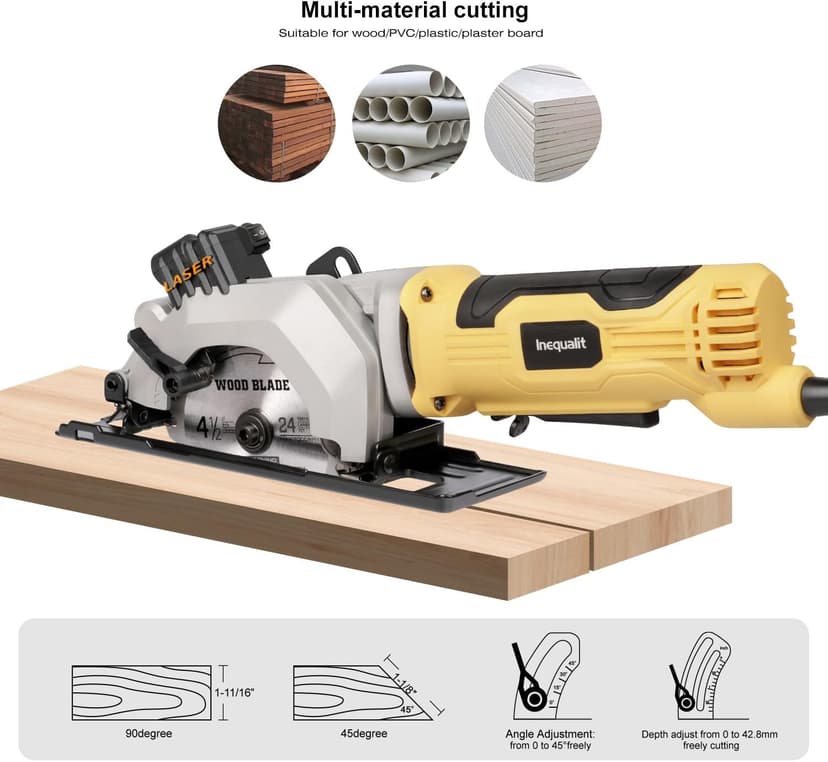 4Amp Mini Circular Saw, 3500RPM Corded Compact Saw with 4-1/2" 24T TCT Blades, Laser Guide, Rip Guide, Vacuum Adapter and Blade Wrench, Max Cutting Depth 1-11/16"(90°), 1-1/8"(45°）