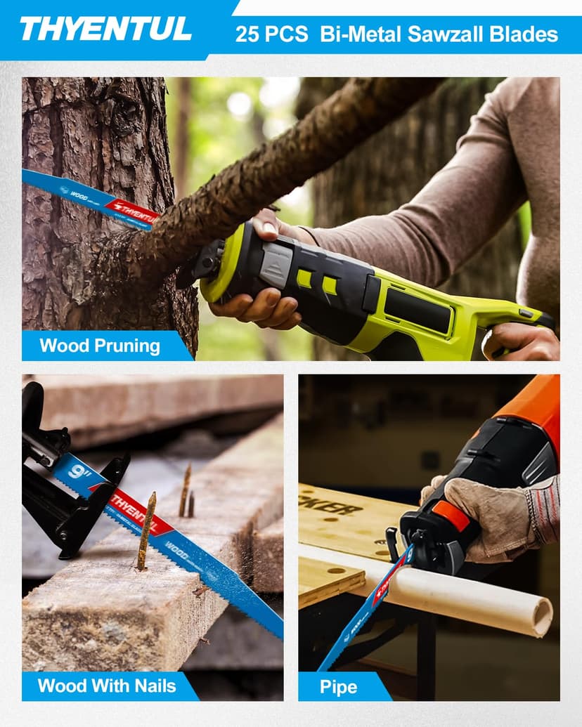 25 Pack 9 in Stud and Nail Sawzall Blades,Demo Demon Bi-Metal Demolition Reciprocating Saw Blade for Nail-Embedded Wood Cutting, Garden Pruning, Tree Trimming（6/12TPI）