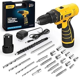 DELI 12V Cordless Drill Set, 2.0Ah Battery with Charger, 3/8'' Keyless Chuck, 18+1 Torque Settings, Electric Mini Drill for Home Improvement
