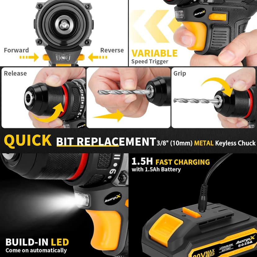 Brushless Compact Drill Tool Set, 60N.m 20V Cordless Drill Tool Box with 2 Battery, 135Pcs Man Household Combo Set with DIY Hand Taladros Kits, 531 In-lb Kit with Drill for Daily Home Repair