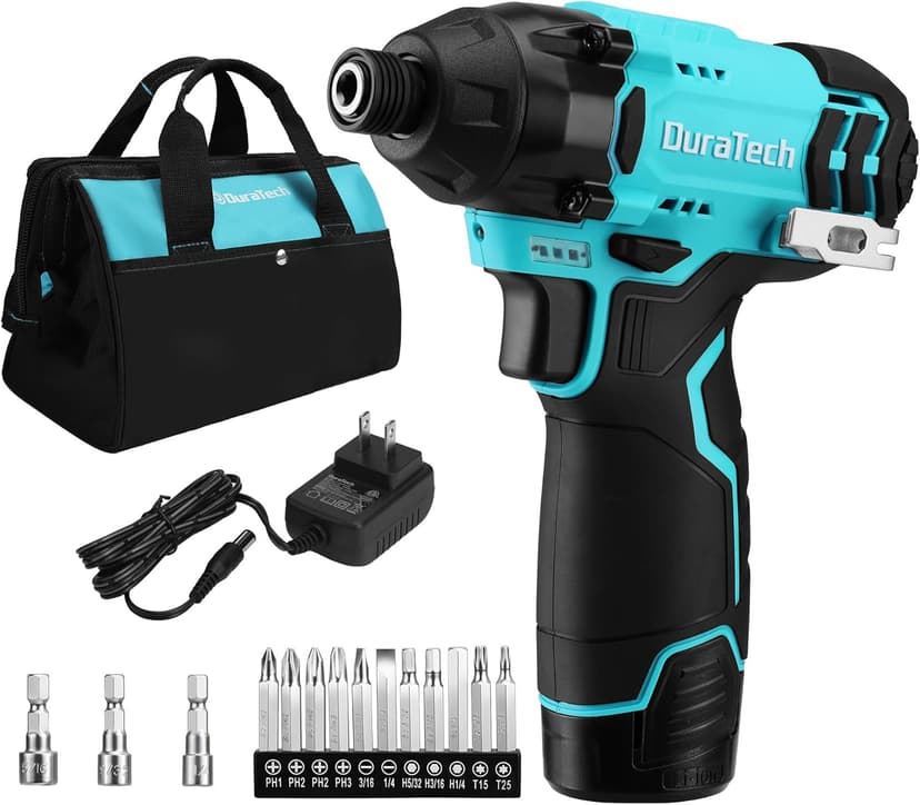 DURATECH 12V Cordless Impact Driver, 1/4” Electric Impact Driver with 11pcs Screwdriver Bits, 3pcs Nut-driver Bits, Variable Speed(0-2400RPM), LED Light, Tool Bag, Battery and Charger Included