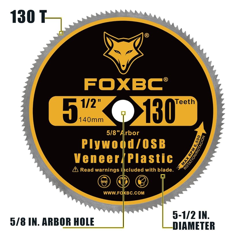 FOXBC 5-1/2-Inch 130 Tooth Plywood, Veneer, OSB, Plastic Cutting Circular Saw Blade with 5/8 Inch Arbor, with 1/2" 3/8" Bushing - 3 Pack