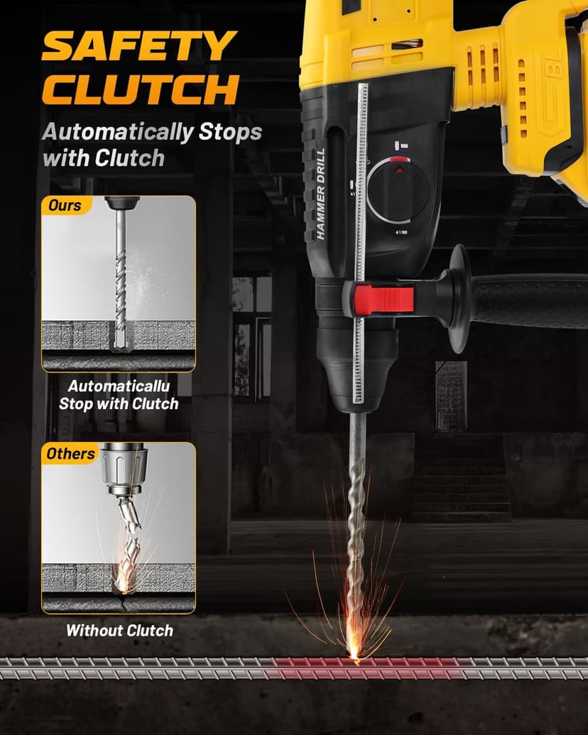 Cordless SDS Hammer Drill for Dewalt 20V MAX Battery, Brushless Rotary Hammer Drill with Safety Clutch for Concrete/Masonry (No Battery)