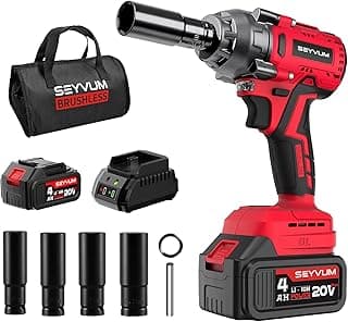 SEYVUM Impact Wrench,1/2" Impact Gun, Power Impact Driver Max Torque 320 Ft-lbs (430N.m), Cordless Impact Wrench with 20V Brushless Motor, 4.0Ah Li-ion Battery with Fast Charger, 4 Pcs Impact Sockets