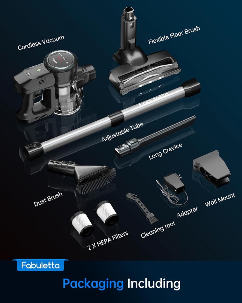 FABULETTA Cordless Vacuum Cleaner, 35Kpa Vacuum Cleaners for Home, Max 50 Mins Runtime, Self-Standing Design, 5-Layer Filtration System, Anti-Tangle Brush, LED Display, Lightweight