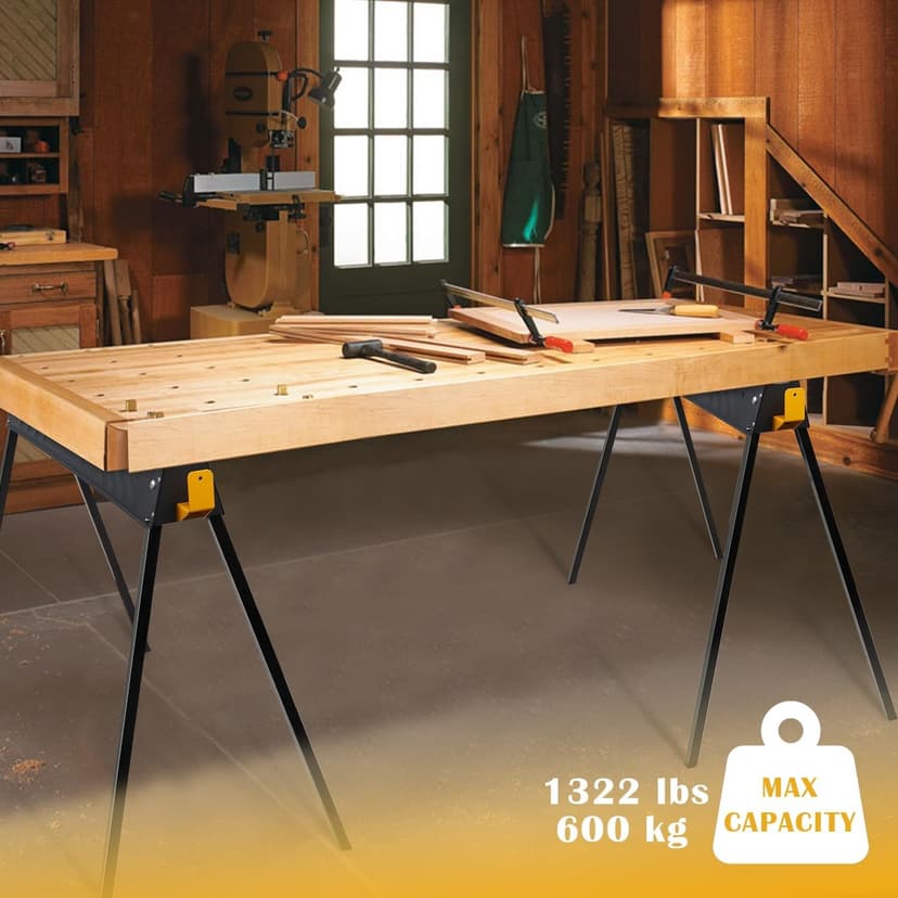 FORUP 2 Pack Heavy Duty Folding Portable Saw Horses Table, 1322 Lbs Load Capacity Metal Saw Horse with Fast Open Legs and Easy Grip Handle for Woodworking, Dark Grey & Yellow