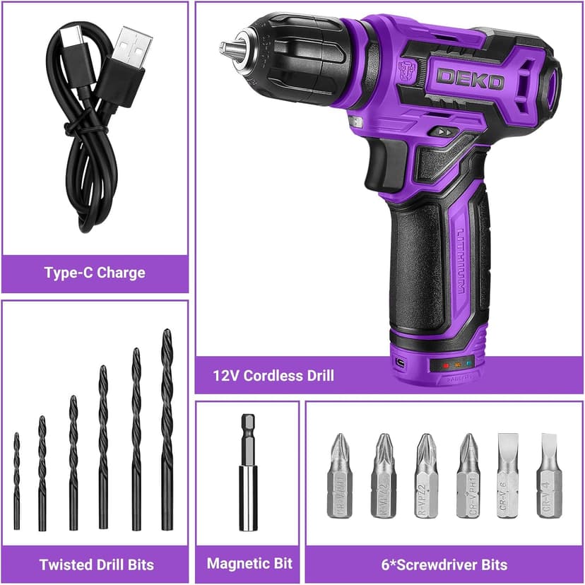 Cordless Drill：DEKOPRO 12V Power Drill Set 800RPM Electric Drills Small Drills with 3/8-inch Keyless Chuck and Portable Tool Set Gift Box (Purple)