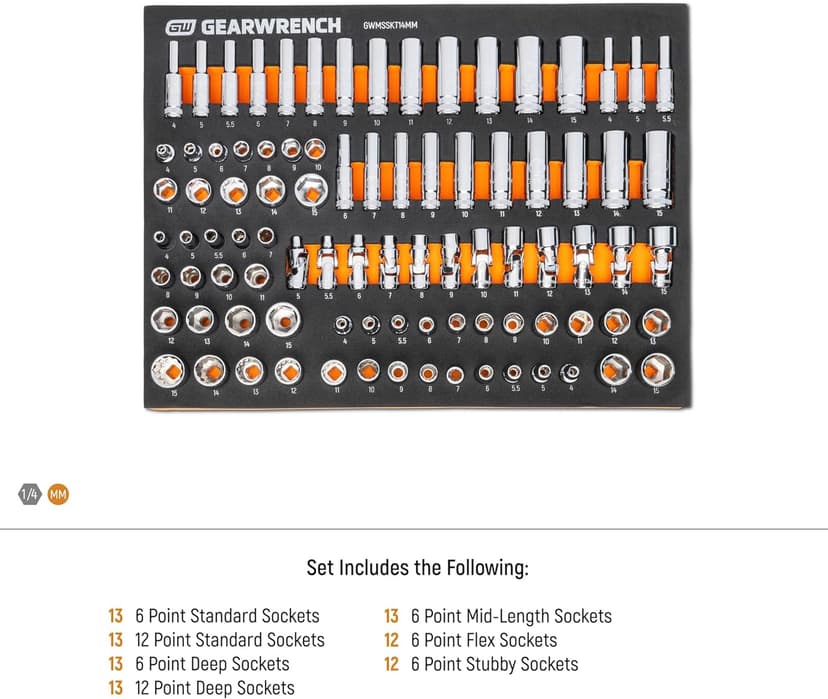 GEARWRENCH 89 Piece 1/4” Drive Master Metric Socket Set in Foam Storage Tray - GWMSSKT14MM
