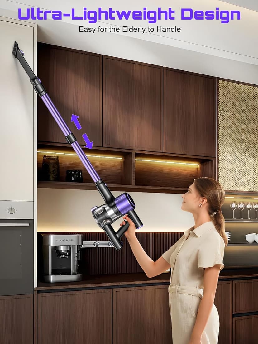 Cordless Vacuum Cleaner, 10 in 1 Stick Vacuum with Powerful Suction, Hose, Green LED Light, Anti-Tangle Brush, Lightweight Rechargeable Vacuum Cleaner for Home, Hardwood Floors, Carpets