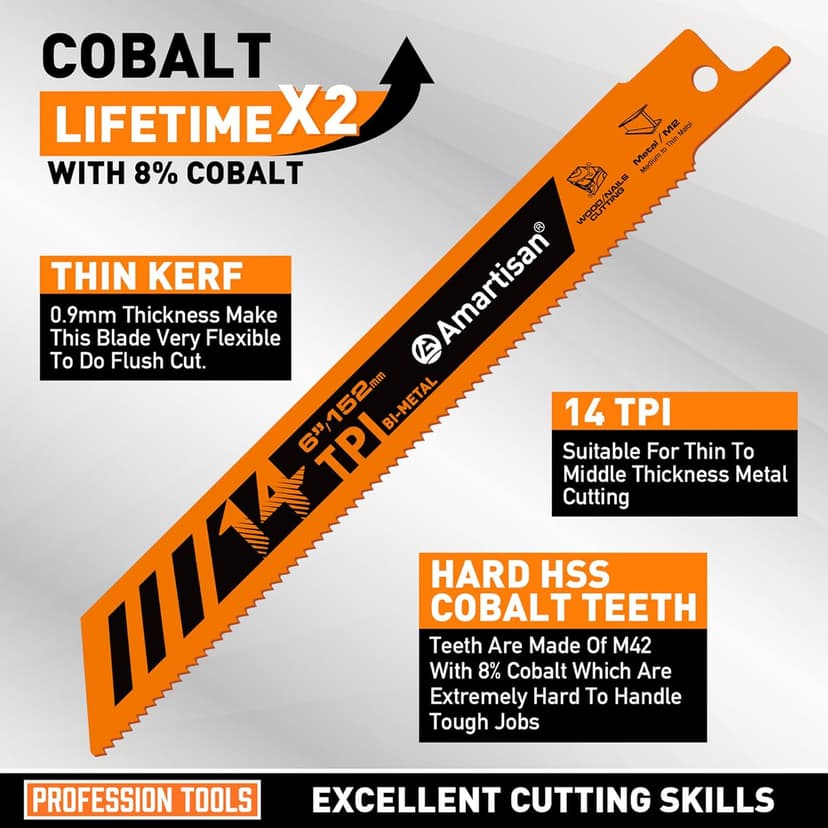 AMARTISAN 5-Piece 6 Inch 14TPI Heavy Metal Cutting Reciprocating Saw Blades,Suitable for Metal Cutting, Pipes, and Steel Bars