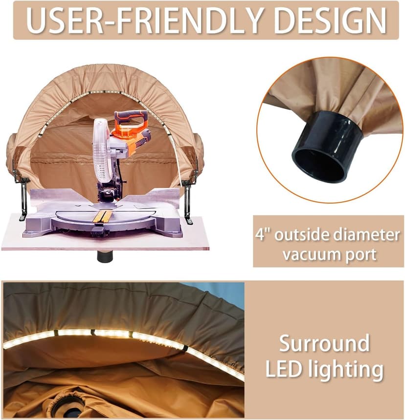 GARVIN Miter Saw Dust Collection Hood with Light, Dust Solution for Table Miter Saw, Chop Saw Hood Dust Collector Attachment, Accessory Holes, with Storage Bag, Fits All Miter Saws Khaki