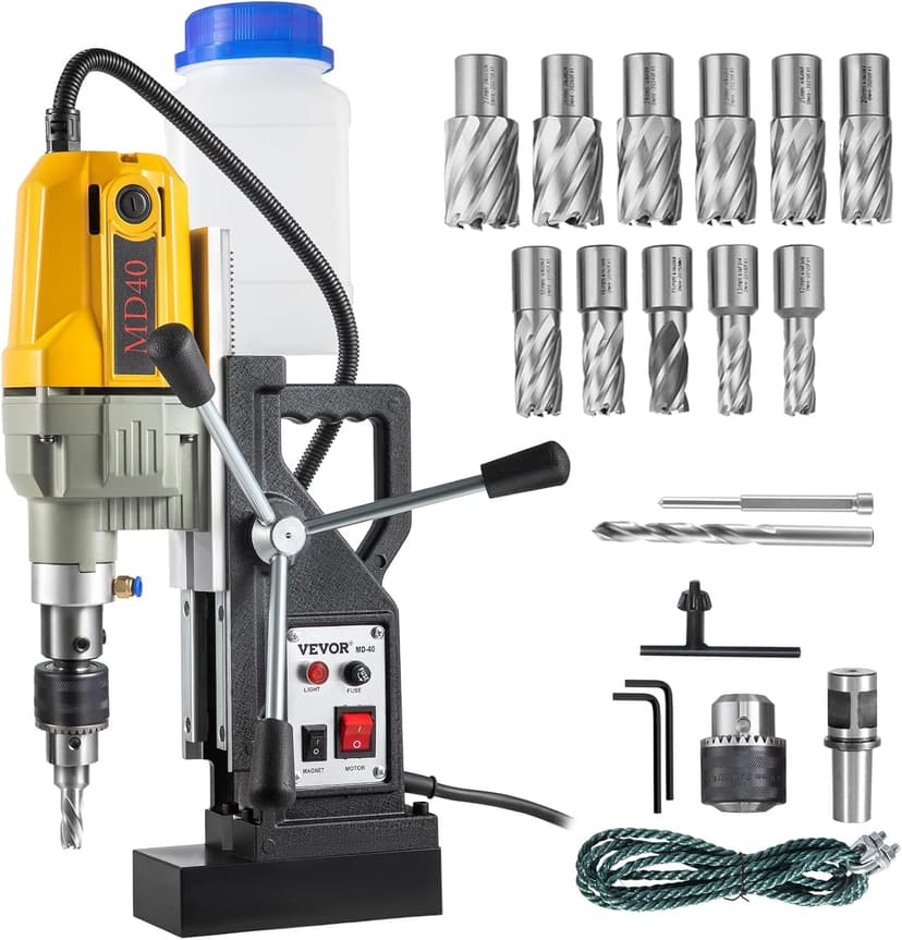 VEVOR Magnetic Drill, 1100W 1.57" Boring Diameter, 2697lbf/12000N Portable Electric Mag Drill Press with 12 Drilling Bits, 580 RPM Max Speed Drilling Machine for any Surface and Home Improvement