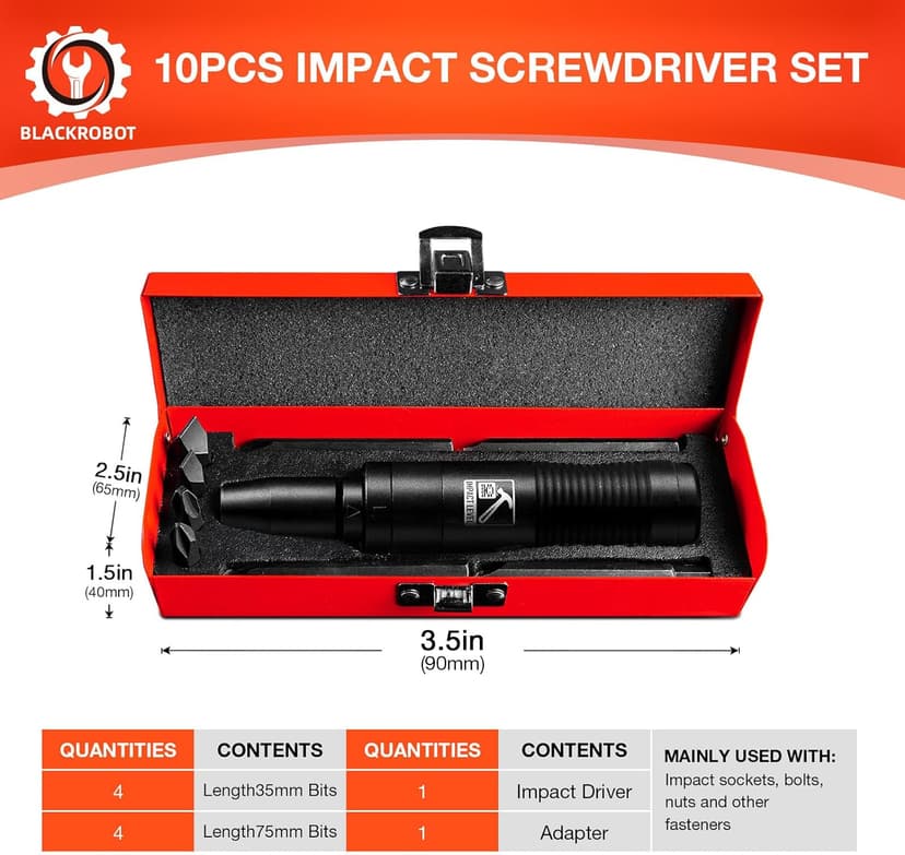 BLACKROBOT 1/2 Inch Drive Impact Screwdriver Set, CR-V, Hand Manual Reversible Impact Driver Set Extractor, 5/16 Inch Bit Adapter with S2 Steel Bits, 10PCS, Disengage Rusted Fasteners or Frozen Bolts