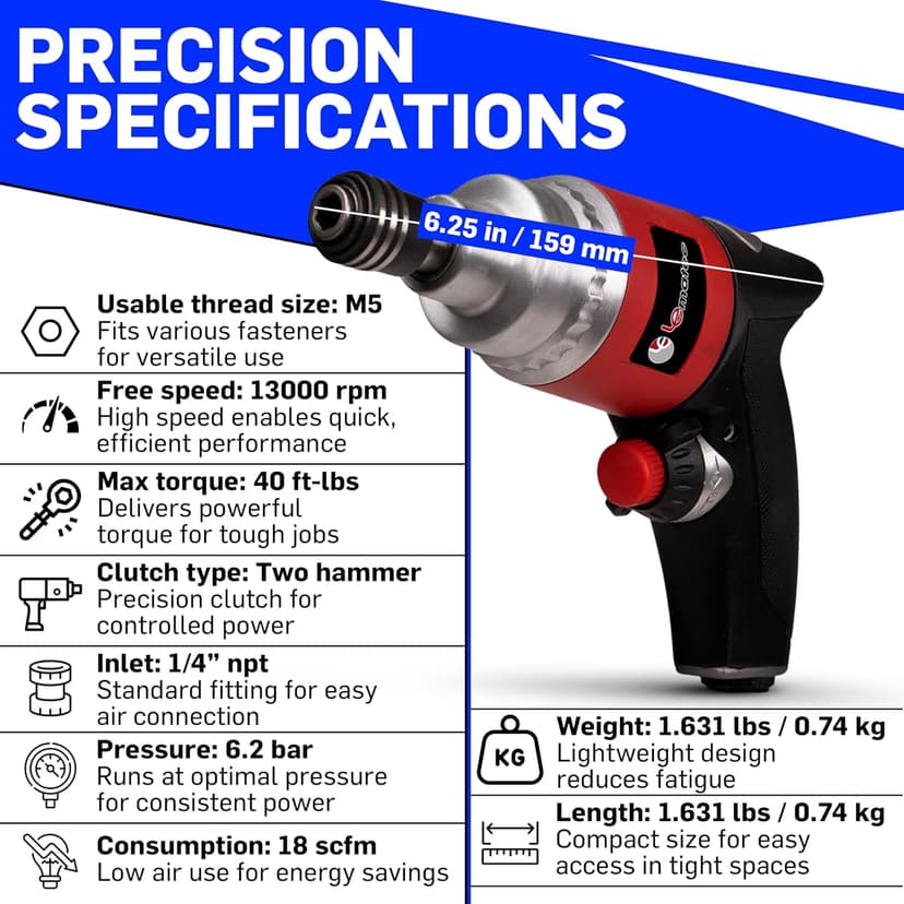LE LEMATEC Professional Air Impact Driver - 13000 RPM Pneumatic Wrench with Twin Hammer, 40 ft-lb Torque, 1/4" NPT Compact Gun for Automotive, Furniture & Woodworking (LE-ID413)