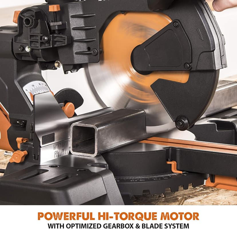 Evolution Power Tools R255SMS-DB+ 10-Inch Dual Bevel Sliding Miter Saw Multi-Material, Multipurpose Cutting Cuts Metal, Plastic, Wood 45˚-45˚ Double Bevel & 50˚-50˚ Miter TCT Blade Included