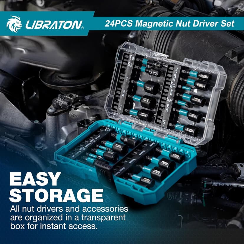 LIBRATON 24PCS Magnetic Nut Driver Set, Impact Drill Driver Bit Set 1/4", Metric and SAE Nut Drivers for Impact Drill, Impact Socket Adapters, Screwdriver Bits, Bit Holder, with Black Phosphating