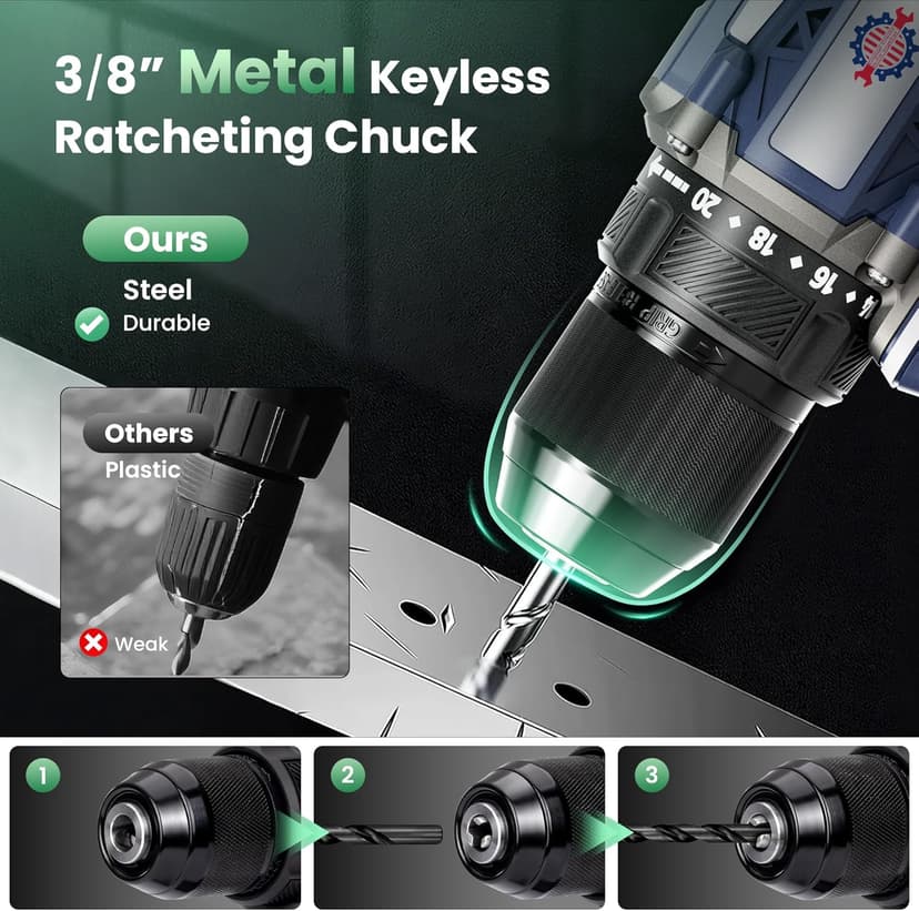 20V Cordless Drill, 620 in-lbs Torque, 3/8" Metal Keyless Chuck with Safety Lock, Brushless Power Drill with 2.0Ah Battery and Charger, 2+1 Variable Speed, 20+1 Position Electric Drill Driver with LED