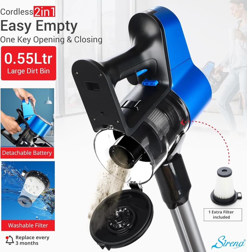Sirena Proflex PetVac 2-in-1 Cordless Stick Vacuum Cleaner with Motorized Pet Brush for Pet Hair Removal, Multi-Surface Cleaning, and Portable Convenience