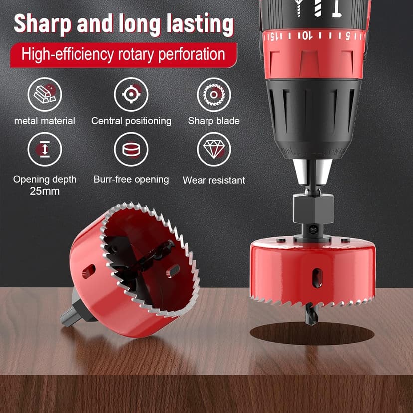 12-Piece Hole Saw Kit, Includes 8 Sizes (3/4" to 2-1/2"), Arbors, Drill Bits, and Hex Key, Ideal for Softwood, Plywood, and PVC(RED)
