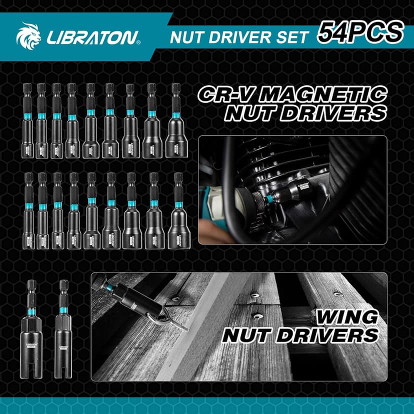 LIBRATON 54PCS Magnetic Nut Driver Set, Impact Drill Driver Bit 1/4", Metric & SAE Nut Drivers for Impact Drill, Socket Adapters, Screwdriver Bit, Quick-Release Extension, Wing Nut Driver, Storage Box