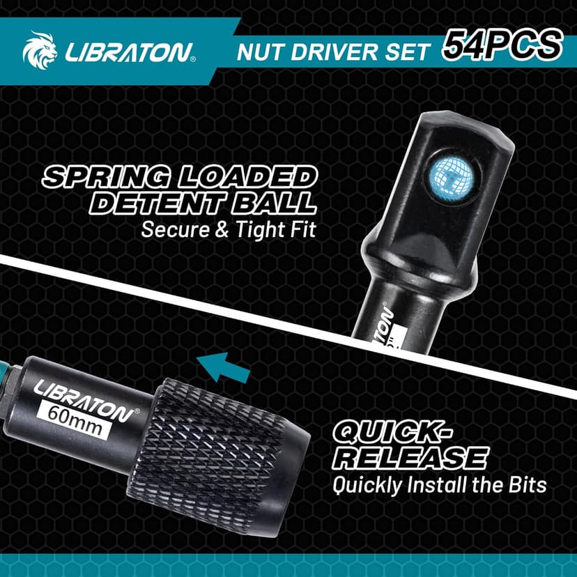 LIBRATON 54PCS Magnetic Nut Driver Set, Impact Drill Driver Bit 1/4", Metric & SAE Nut Drivers for Impact Drill, Socket Adapters, Screwdriver Bit, Quick-Release Extension, Wing Nut Driver, Storage Box