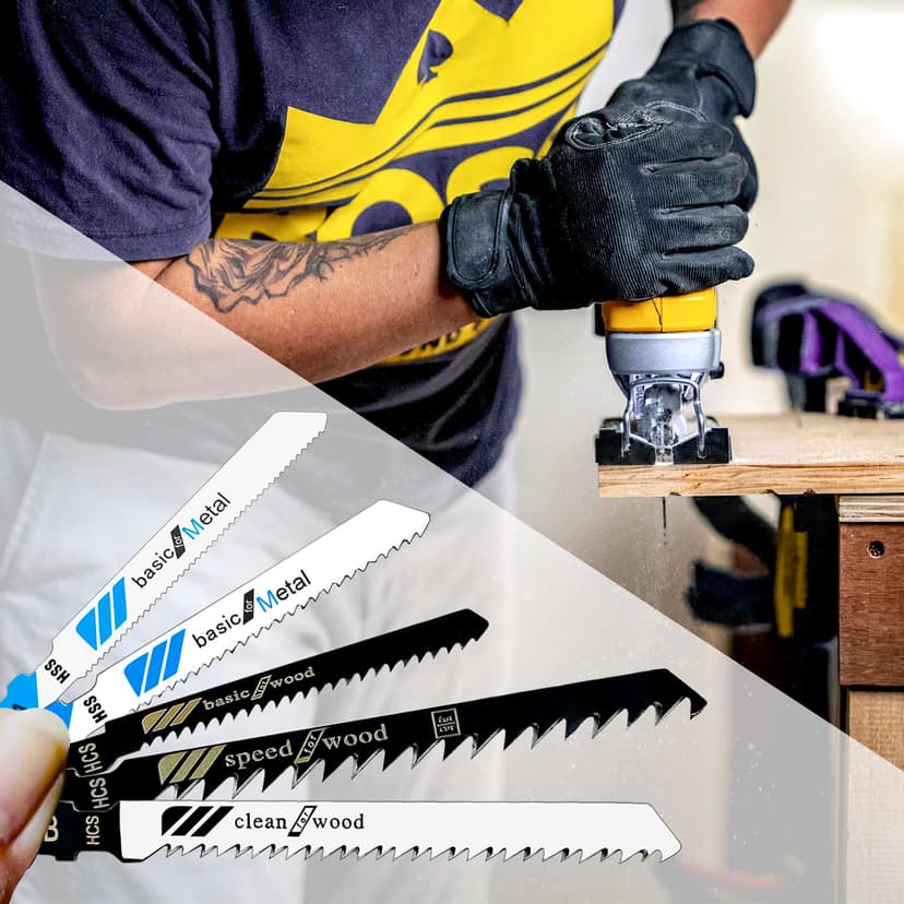 20 Pcs T Shank Jigsaw Blades, Jig Saw Blade Set, Multi-Purpose Jig Saw Blades for Wood, Pruning Plastic Metal Cutting Made with HCS/HSS, Jigsaw Blade, for Most Jig Saw Models